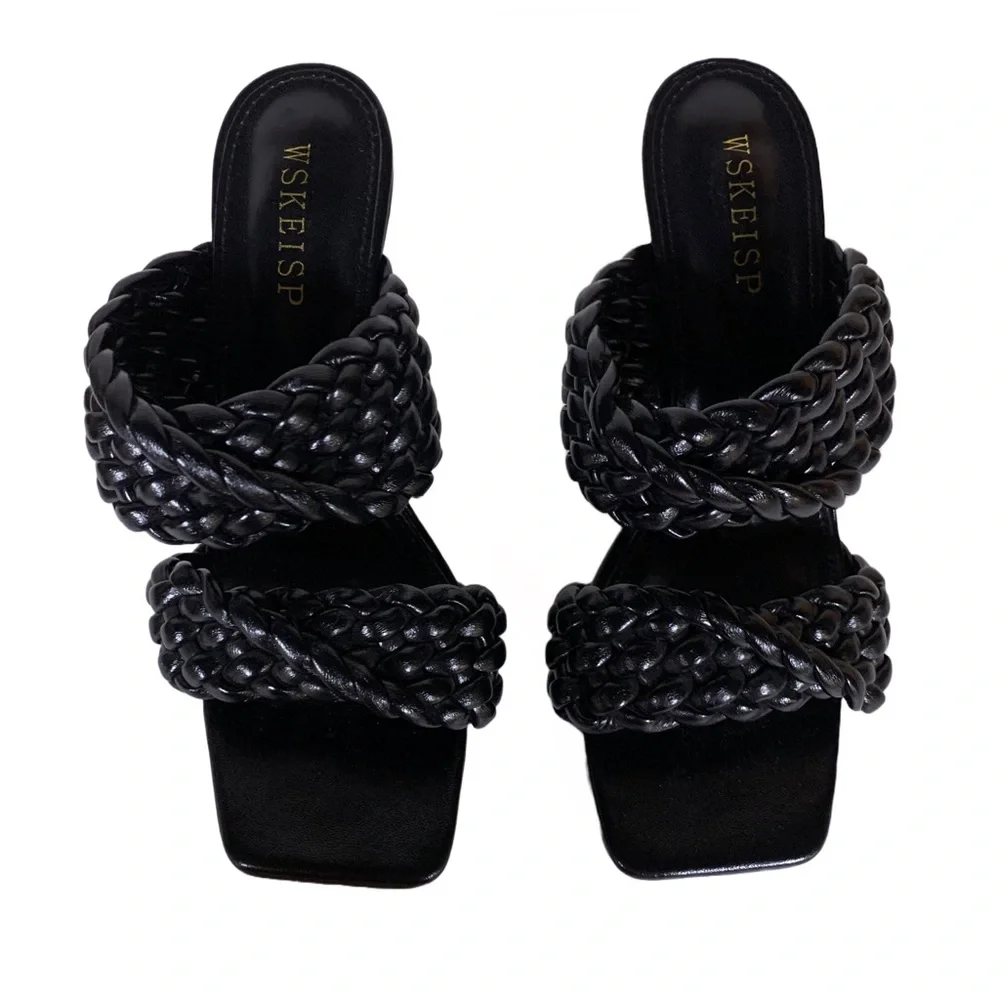 WSKEISP BLACK FAUX LEATHER BRAIDED STRAPS SQUARE HEEL MULES (38)
